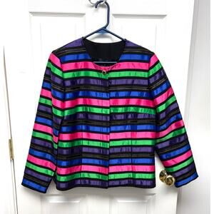 Black Satin Ribbon Cardigan, Striped Jacket, Holiday Color, Women's Size L